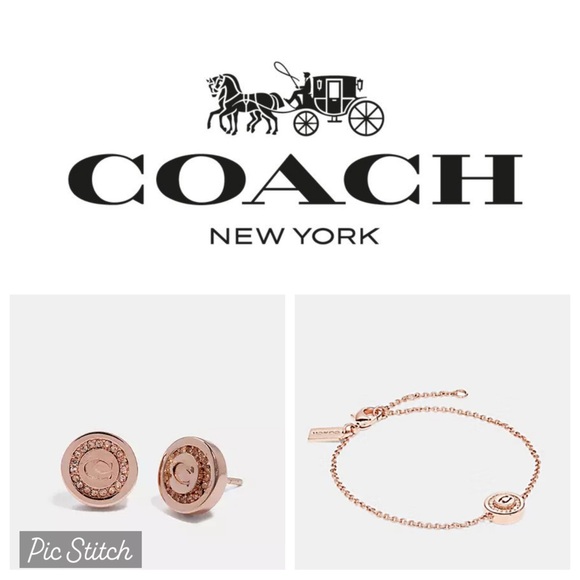 Coach Pave Pendant Stud Earrings And Matching Bracelet - Picture 1 of 11
